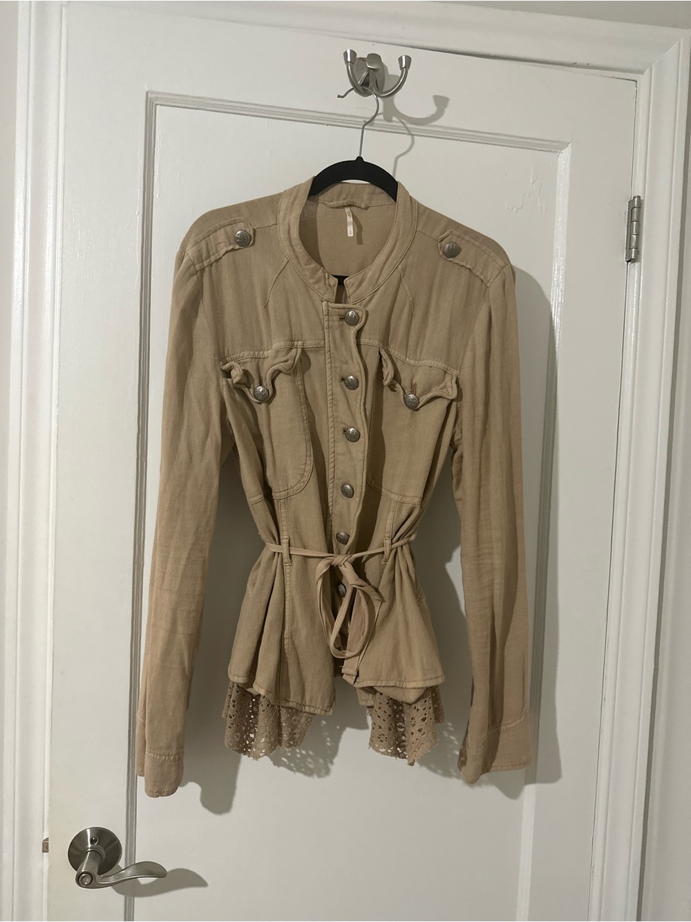 Free People Beige Tie-Waist Utility Jacket with Eyelet Hem